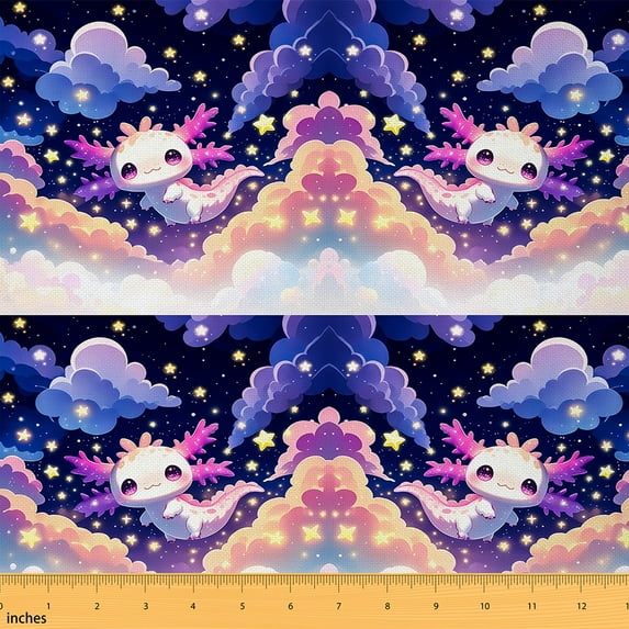 Homewish Cute Salamander Fabric by the Yard 1 Yard,Gold Stars Print Home Decor Fabric by the Yard,Pink White Axolotl Sewing Fabric For Girl Kids,Super Cozy Room Decor