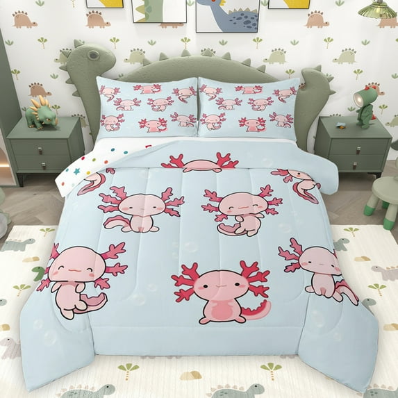 Homewish Cute Salamander Full Size Comforter Sets,Cartoon Axolotl Bedding Comforter Set,Pink Blue Bedding Sets For Boys Girls,Super Cozy Room Decor Reversible,3pcs