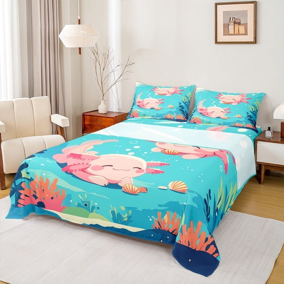 Homewish Cute Salamander Queen Sheet Sets,Pink Axolotl Flat Sheet,Colorful Ocean Animal Queen Fitted Sheet For Boys Girls,Super Cozy Room Decor,4pcs