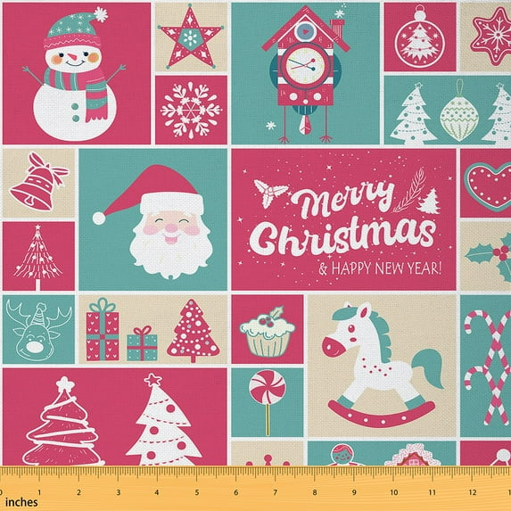 Homewish Cute Santa Claus Fabric by the Yard 1 Yard for Teen, Vintage Christmas Festival Room Decor Fabric by the Yard, Pink Blue Patchwork Sewing Fabric, Microfiber Bedroom Decor