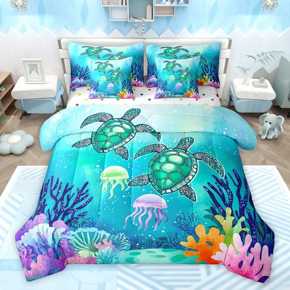 Homewish Cute Sea Turtle Bedding Comforter Set 7 Pieces for Kids, Cartoon Ocean Jellyfish Full Bedding Set, Dreamy Underwater World Reversible Fitted Sheet Flat Sheet, Luxury Bedroom Decor