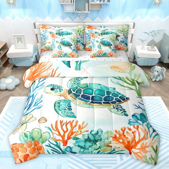Homewish Cute Sea Turtle Bedding Comforter Set 7pcs for Boy, Kawaii Cartoon Animal King Bedding Sets, Watercolor Coral Reversible Bed Sheets, Breathable Home Decor