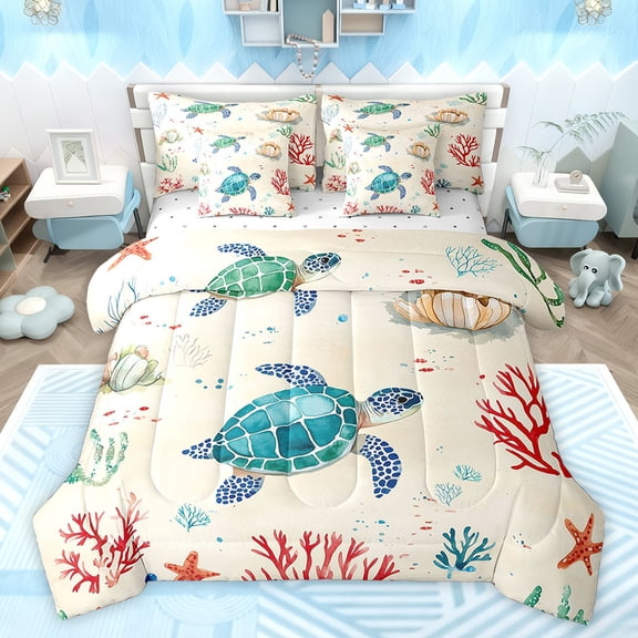 Homewish Cute Sea Turtle Bedding Comforter Set 7pcs for Teens, Cartoon Coral Plant King Bedding Sets, Marine Animal Theme Reversible Bed Sheets, Ultra Soft Bedroom Decor