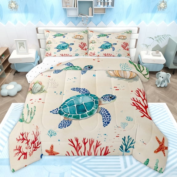 Homewish Cute Sea Turtle Bedding Comforter Set for Teens, Cartoon Coral Plant Twin Comforter Sets, Marine Animal Theme Reversible Bedding Set, Ultra Soft Bedroom Decor, 2 Pieces