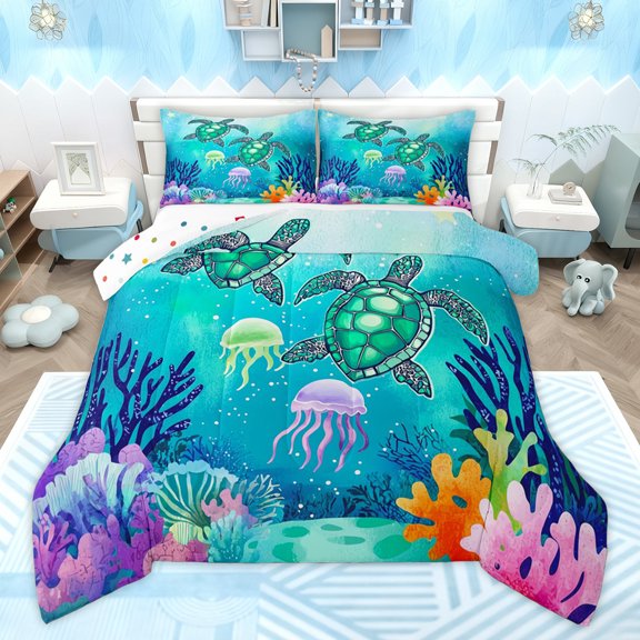 Homewish Cute Sea Turtle Queen Comforter Set for Kids, Cartoon Ocean Jellyfish Bedding Sets, Dreamy Underwater World Reversible Bedding Comforter Set, Luxury Bedroom Decor, 3 Pieces