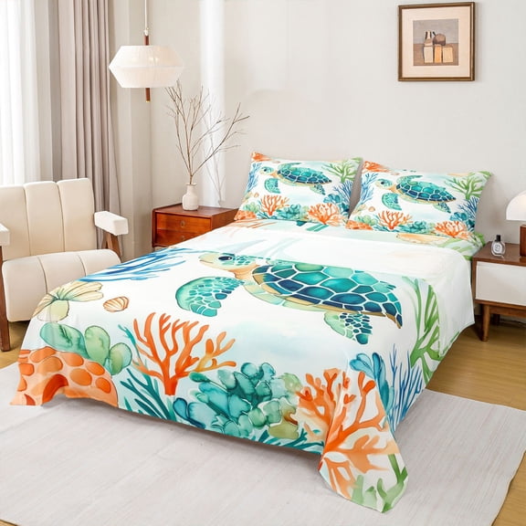 Homewish Cute Sea Turtle Queen Sheet Sets for Boy, Kawaii Cartoon Animal Flat Sheet, Watercolor Coral Queen Fitted Sheet, Breathable Home Decor, 4-Piece