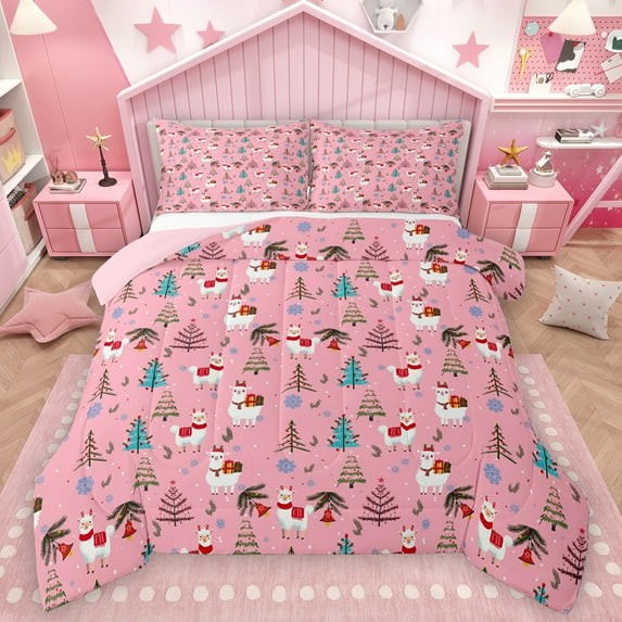Homewish Cute Sheep Full Size Comforter Sets,Cartoon Christmas Tree Bedding Comforter Set,Pink White Green Bedding Sets For Girls,Luxury Bedroom Decor Reversible,3pcs