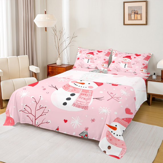 Homewish Cute Snowman Snowflakes Full Size Sheets 4-Piece for Female Men Adults,Xmas Christmas Festival Breathable Bed Sheets,Happy New Year Lightweight Sheet Sets,Microfiber Bedroom Decor