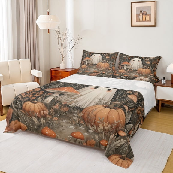 Homewish Cute Spooky Animal Twin Sheet Sets 3pcs for Kids, Happy Halloween Twin Fitted Sheet, Mushroom Pumpkin Flat Sheet, Lightweight Room Decor