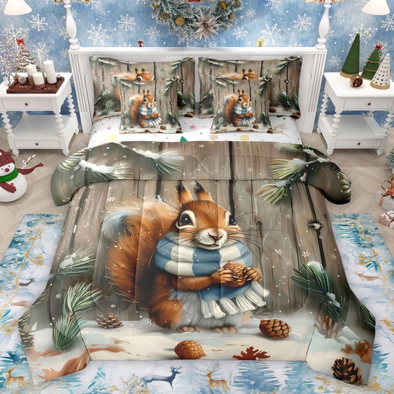 Homewish Cute Squirrel 7pcs Bedding Comforter Set,Brown Pine Cone Queen Bedding Sets,Rustic Farmhouse Cabin Queen Sheet Sets For Boys Girls,Ultra Soft Home Decor Reversible