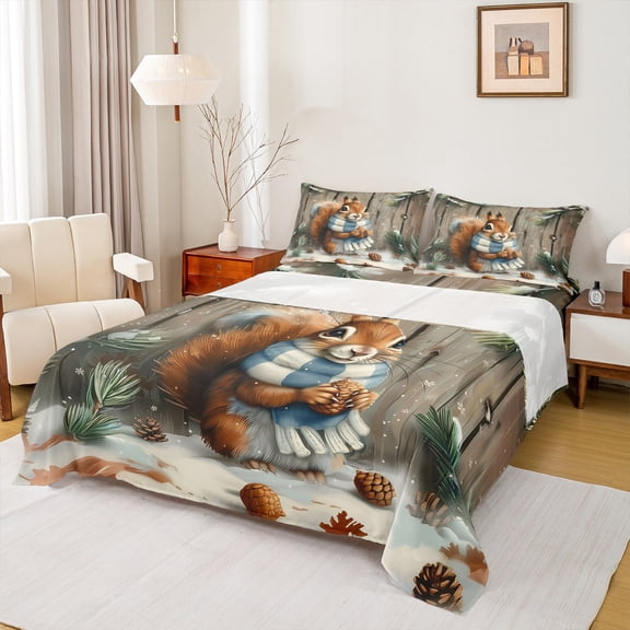 Homewish Cute Squirrel Bed Sheets,Brown Pine Cone King Sheets,Rustic Farmhouse Cabin Sheet Set For Boys Girls,Ultra Soft Home Decor,4-Piece