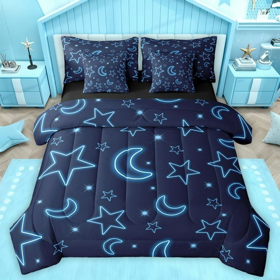 Homewish Cute Stars Moon 7-Piece Twin Bedding Sets,Cartoon Print Bedding Comforter Set,Dreamy Blue Sheet Sets For Boys Kids,Breathable Home Decor Reversible