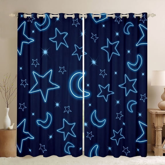 Homewish Cute Stars Moon Black Out Curtains,Cartoon Print Curtains Pack of 2 (42x63 Each),Dreamy Blue Bedroom Curtains For Boys Kids,Breathable Home Decor