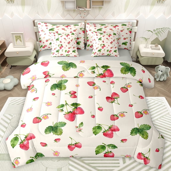 Homewish Cute Strawberry 7-Piece Bedding Comforter Set,Sweet Fruit King Bedding Sets,Green Red Beige Bed Sheets For Girls Kids,Breathable Home Decor Reversible