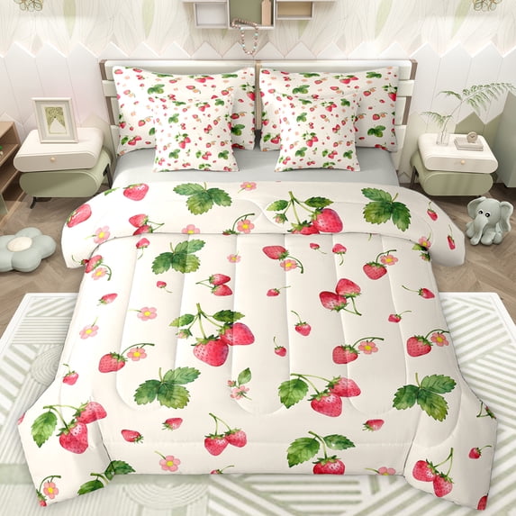 Homewish Cute Strawberry 7-Piece Twin Bedding Sets,Sweet Fruit Bedding Comforter Set,Green Red Beige Sheet Sets For Girls Kids,Breathable Home Decor Reversible