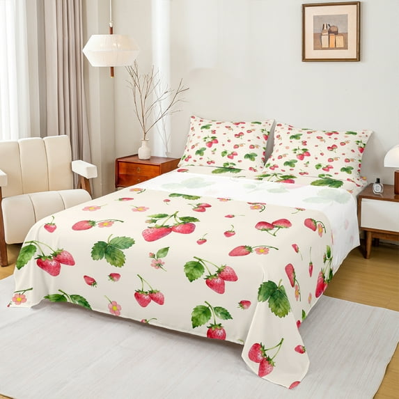 Homewish Cute Strawberry Full Size Sheets,Sweet Fruit Bed Sheets,Green Red Beige Sheet Sets For Girls Kids,Breathable Home Decor,4-Piece