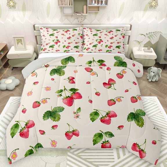 Homewish Cute Strawberry Queen Comforter Set,Sweet Fruit Bedding Sets,Green Red Beige Bedding Comforter Set For Girls Kids,Breathable Home Decor Reversible,3 Pieces