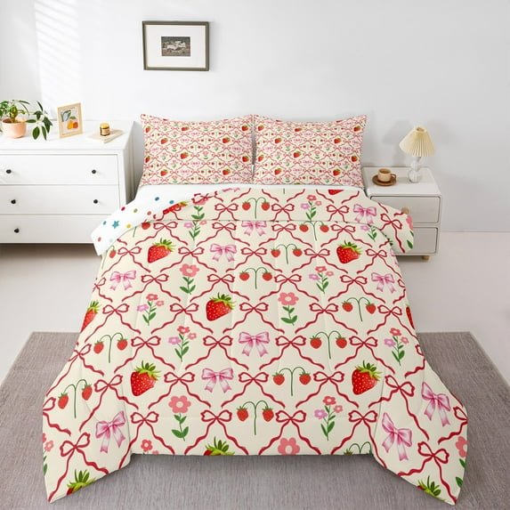 Homewish Cute Strawberry Ribbon Bow Bedding Comforter Set 2pcs for Preppy Children Kids,Vintage Flowers Twin Comforter Sets Microfiber,Geometric Plaid Breathable Bedding Set,Luxury Bedroom Decor