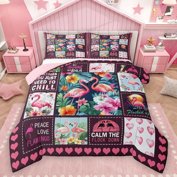 Homewish Cute Tropic Flamingo Full Size Comforter Sets, Buffalo Plaid Bedding Comforter Set, Romantic Love Heart Reversible Bedding Sets, Luxury Bedroom Decor, 3 Pieces