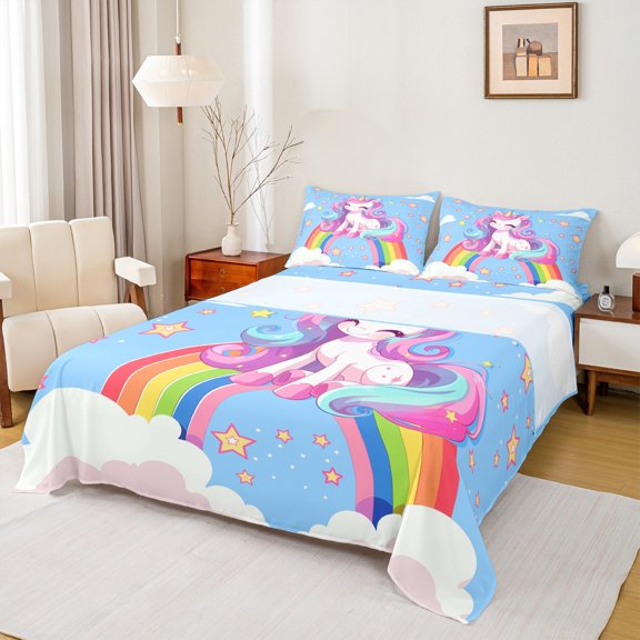 Homewish Cute Unicorn Animal Twin Sheet Sets for Teen, Dreamy Rainbow Twin Fitted Sheet, Blue Cartoon Theme Flat Sheet, Luxury Bedroom Decor, 3-Piece