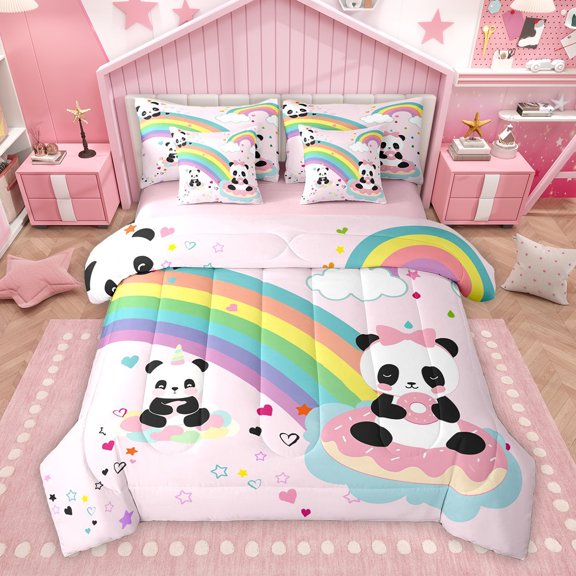 Homewish Cute Unicorn Panda Bedding Comforter Set 7 Pieces, Cartoon Stars Rainbow Cloud Full Bedding Set, Kawaii Animal Lover Reversible Fitted Sheet Flat Sheet, Lightweight Room Decor