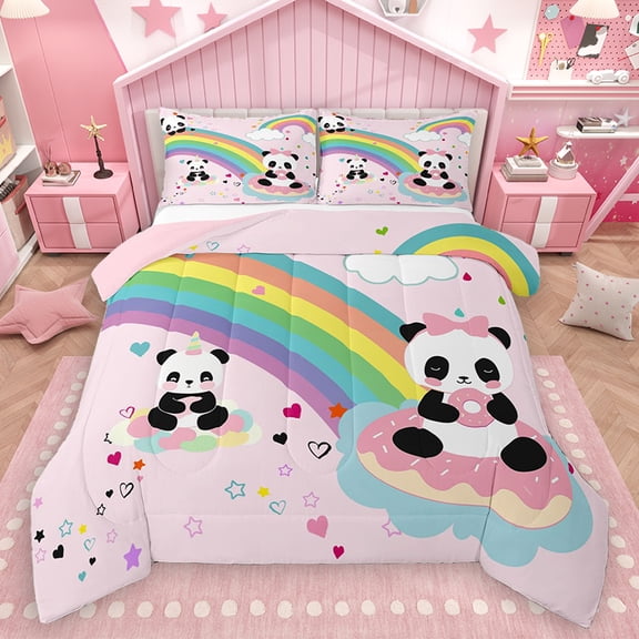Homewish Cute Unicorn Panda Full Size Comforter Sets, Cartoon Stars Rainbow Cloud Bedding Comforter Set, Kawaii Animal Lover Reversible Bedding Sets, Lightweight Room Decor, 3-Piece