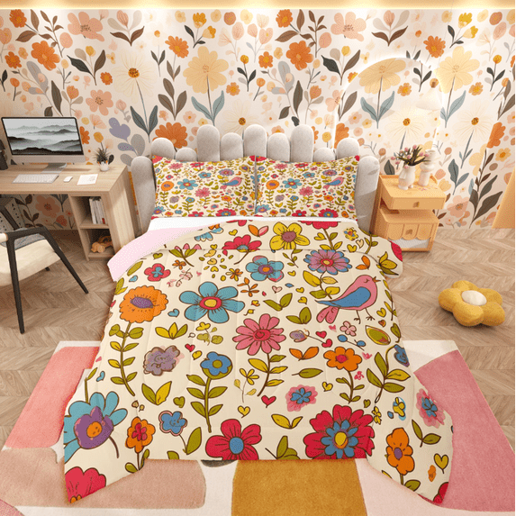 Homewish Cute Vintage Flowers 3 Pieces Queen Comforter Set For Boys Girls,Colorful Floral Blossoms Ultra Soft Bedding Sets,Spring Garden Bedding Comforter Set,Luxury Bedroom Decor,Reversible