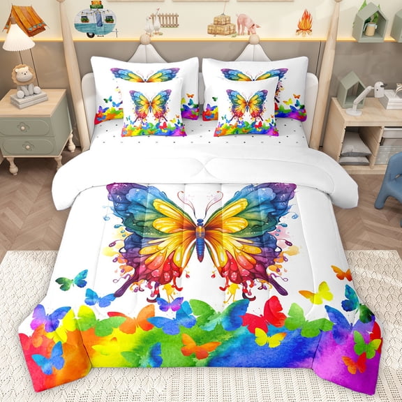 Homewish Cute Watercolor Butterfly 7-Piece Bedding Comforter Set,Multicolor Graffiti King Bedding Sets,Modern Aesthetic Art Bed Sheets For Girls Teens,Luxury Bedroom Decor