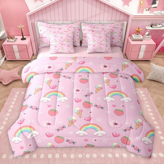 Homewish Cute Watercolor Rainbow 7 Pieces Bedding Comforter Set,Sweet Starwberry Ice Cream Full Bedding Set,Pink Kawaii Daisy Fitted Sheet Flat Sheet For Princess,Ultra Soft Home Decor Reversible