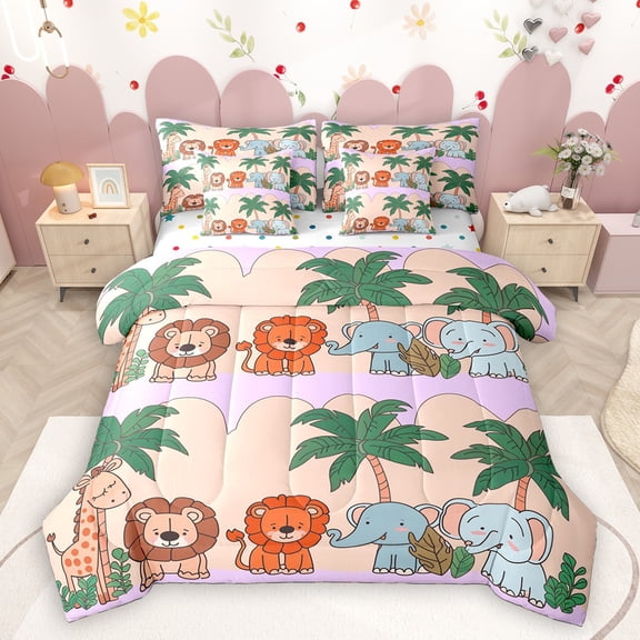 Homewish Cute Wild Animal 7-Piece Bedding Comforter Set,Cartoon Giraffe Lions Elephant King Bedding Sets,Green Pink Orange Bed Sheets For Boys Kids,Luxury Bedroom Decor Reversible