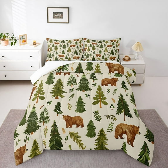 Homewish Cute Wild Bear Bedding Comforter Set,Rustic Pine Tree Twin Comforter Sets,Beige Green Bedding Set For Boys Kids,Luxury Bedroom Decor,2-Piece