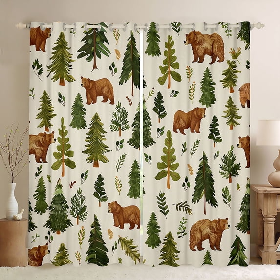 Homewish Cute Wild Bear Curtains Pack of 2 (42x84 Each),Rustic Pine Tree Curtains Blackout,Beige Green Bedroom Curtains For Boys Kids,Luxury Bedroom Decor
