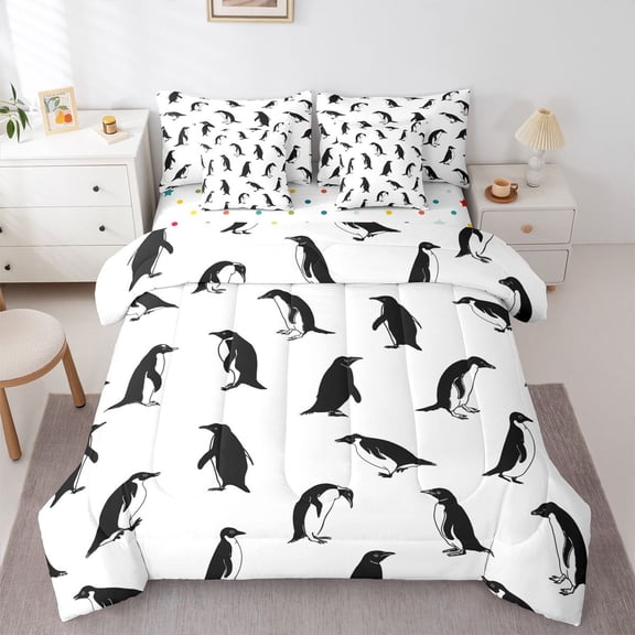 Homewish Cute Wildlife Penguin Bedding Comforter Set 7-Piece for Teen, Kawaii Antarctic Animal King Bedding Sets, Cartoon Theme Reversible Bed Sheets, Ultra Soft Bedroom Decor