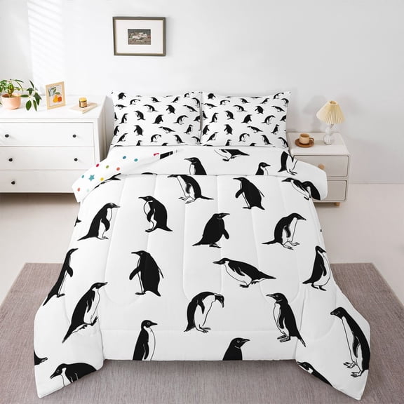 Homewish Cute Wildlife Penguin Bedding Comforter Set for Teen, Kawaii Antarctic Animal Twin Comforter Sets, Cartoon Theme Reversible Bedding Set, Ultra Soft Bedroom Decor, 2-Piece