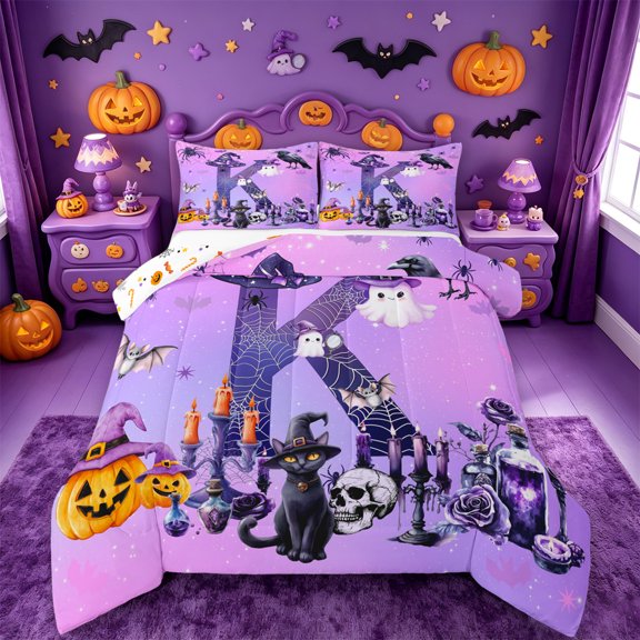 Homewish Cute Witch Cat Monogram K Queen Comforter Set,Spooky Halloween Pumpkin Lantern Comforter Sets Queen,Halloween Reversible,3-Piece,1 Comforter and 2 Pillowcases