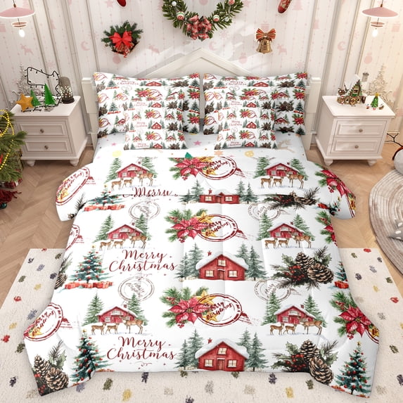 Homewish Cute Xma Reindeer 7 Pieces Bedding Comforter Set,Merry Christmas Full Bedding Set.Rustic Farmhouse Cabin Fitted Sheet Flat Sheet For Girl Boy,Super Cozy Room Decor Reversible