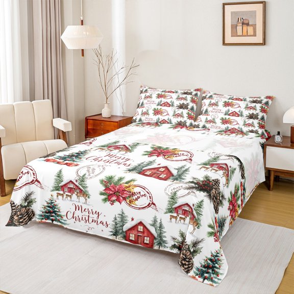 Homewish Cute Xma Reindeer Twin Sheet Sets,Merry Christmas Twin Fitted Sheet.Rustic Farmhouse Cabin Flat Sheet For Girl Boy,Super Cozy Room Decor,3-Piece