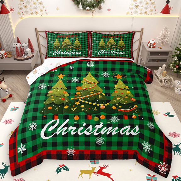 Homewish Cute Xmas Tree Bedding Comforter Set for Child, Vintage Green Plaid Twin Comforter Sets, Retro Western Christmas Reversible Bedding Set, Ultra Soft Bedroom Decor, 2-Piece