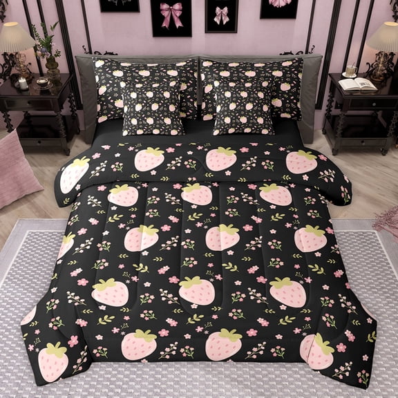 Homewish Cute Yummy Strawberry Bedding Comforter Set 7pcs, Kawaii Cartoon Fruit King Bedding Sets, Flower Plant Botanical Reversible Bed Sheets, Luxury Bedroom Decor