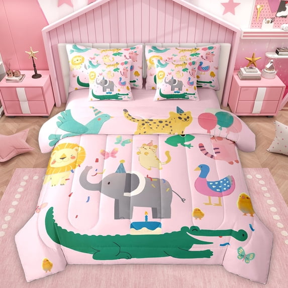 Homewish Cute Zoo Animal Bedding Comforter Set 7pcs for Teen, Kawaii Elephant Crocodile Queen Bedding Sets, Girly Pink Cartoon Theme Reversible Queen Sheet Sets, Ultra Soft Bedroom Decor