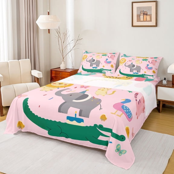 Homewish Cute Zoo Animal Twin Sheet Sets for Teen, Kawaii Elephant Crocodile Twin Fitted Sheet, Girly Pink Cartoon Theme Flat Sheet, Ultra Soft Bedroom Decor, 3 Pieces
