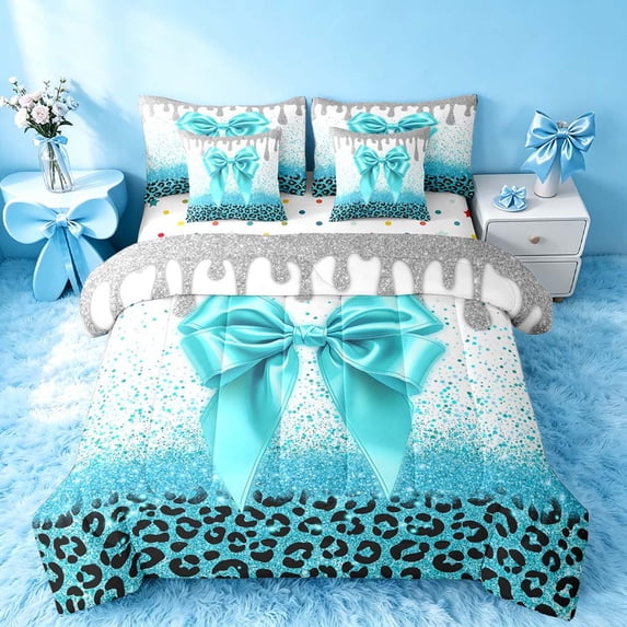 Homewish Cyan Bowknot Full Size Bedding Sets for Princess Girls, Glitter Cheetah Print Full Size Bed in a Bag, Polka Dots Reversible, 7 Pieces