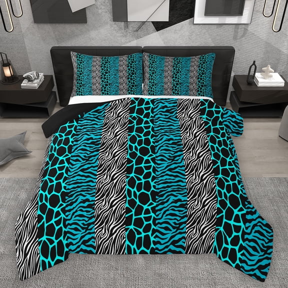 Homewish Cyan Leopard Print Queen Comforter Set for Women, Modern Zebra Cheetah Print Bedding Sets, Fashion Abstract Reversible Bedding Comforter Set, Breathable Home Decor, 3pcs
