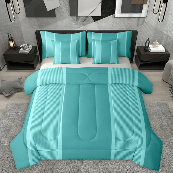 Homewish Cyan Lines 7pcs Bedding Comforter Set,Modern Asbtract Geometric Queen Bedding Sets,Stripe Queen Sheet Sets For Men Women,Super Cozy Room Decor Reversible