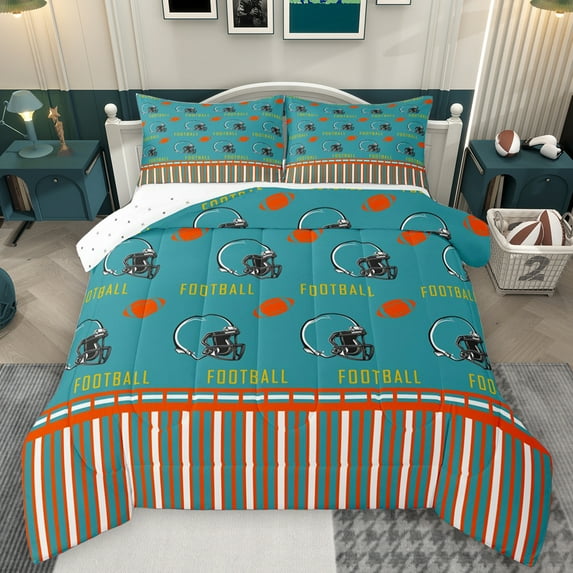Homewish Cyan Orange Full Size Comforter Sets,Rugby Football Sport Bedding Comforter Set,Ball Game Lovers Bedding Sets For Boys,Microfiber Bedroom Decor Reversible,3-Piece