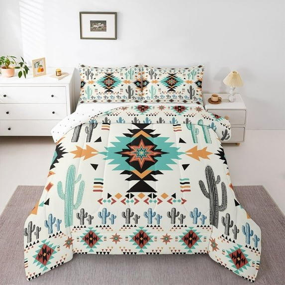 Homewish Cyan Triangle Aztec Bedding Comforter Set, Cartoon Cactus Plant Botanical Twin Comforter Sets, Teens Kids Adult Reversible Bedding Set, Ultra Soft Bedroom Decor, 2-Piece