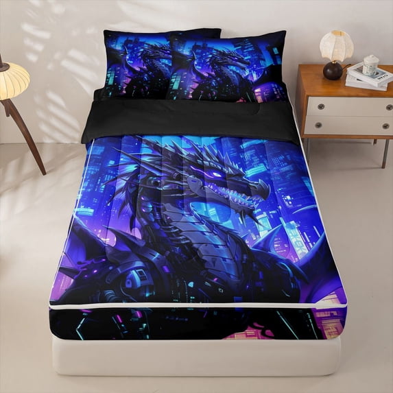 Homewish Cyberpunk City Dragon Zipper Full Size Comforter Sets with Fitted Sheet and 2 Pillowcases For Boys And Girls,Purple Blue Futuristic Zipper Bedding Set,Black Reversible,4 Pieces