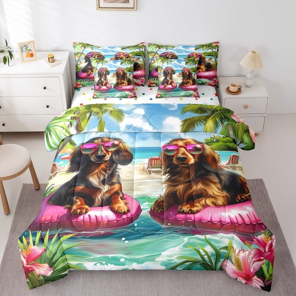 Homewish Dachshund Animal 7-Piece Twin Bedding,Hibiscus Floral Bedding Comforter Set,Summer Beach Decor,Polkadot Reversible