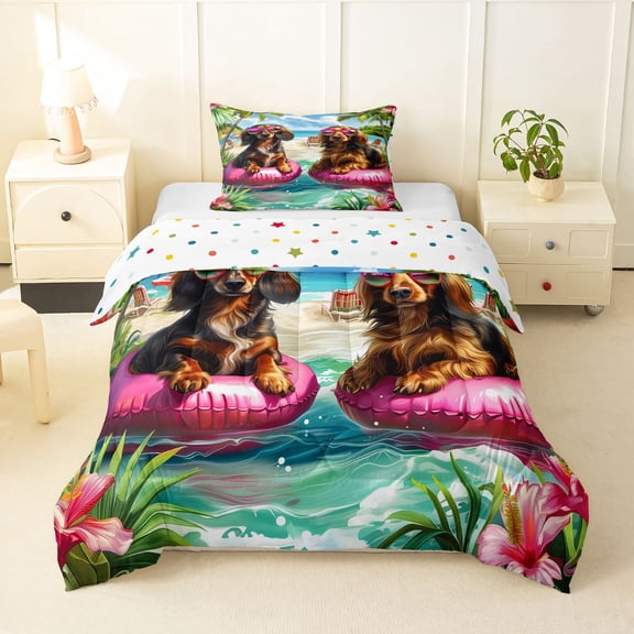 Homewish Dachshund Animal Twin Comforter Sets,Hibiscus Floral Bedding Set,Summer Beach Decor,Polkadot Reversible,2-Piece,1 Comforter and 1 Pillowcase