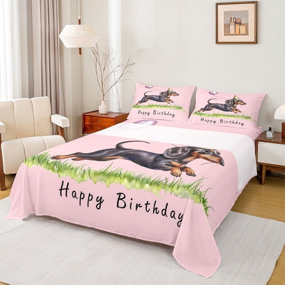 Homewish Dachshund Balloon Bed Sheets,Happy Birthday Print Full Size Sheets,Pink,Colorful Party Hat Decor,4-Piece,1 Flat Sheet, 1 Fitted Sheet and 2 Pillowcases